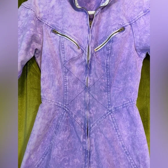 Vintage 1980s Champagne West Purple Acid Wash Zip up style basque moto dress XS - Picture 3 of 5